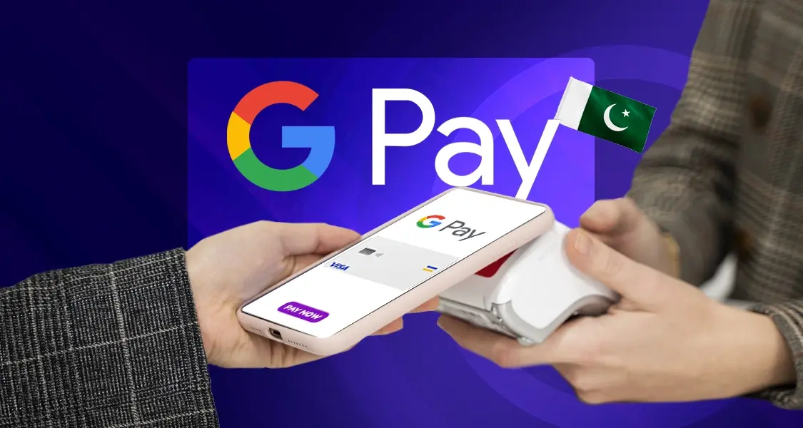 Google Pay app interface on a smartphone showing contactless payment in Pakistan, March 2025